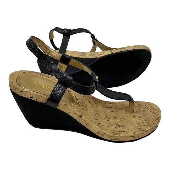 Chaps Raevyn Size 5.5 Black Thong Cork T-Strap Wedge Open Toe Slip On Sandals - Picture 3 of 8